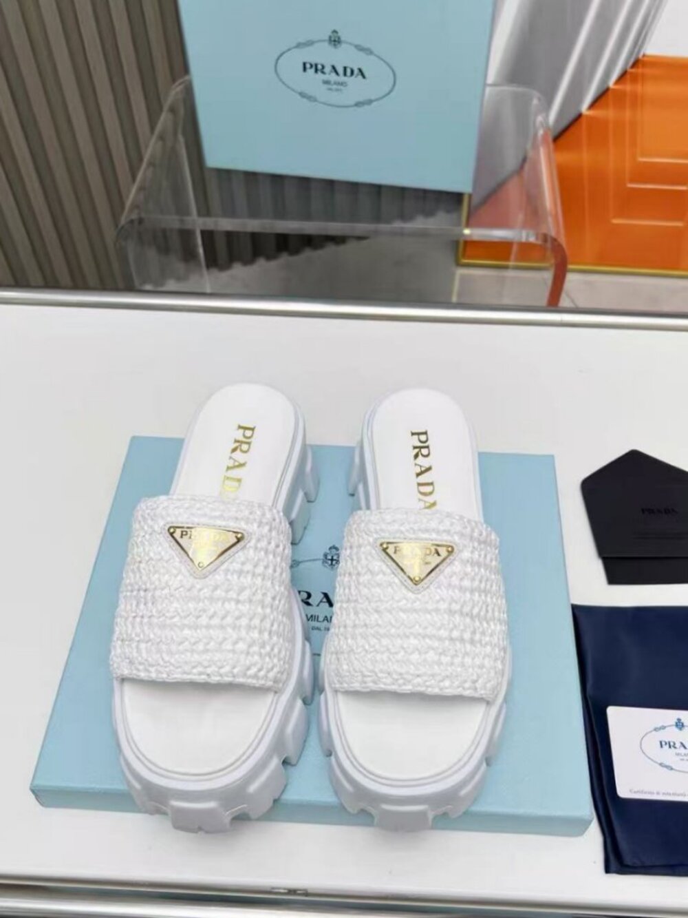 Prada White Woven Textile Triangle Logo Lug Sole Slide Sandals